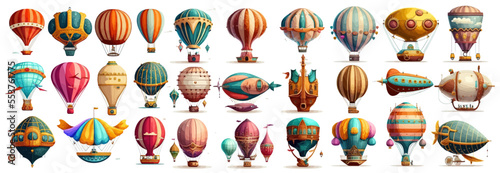 Vintage Hot Air Balloons. colorful flying vintage airships. Sky vehicle for adventure, traveling activity isolated white background  photo