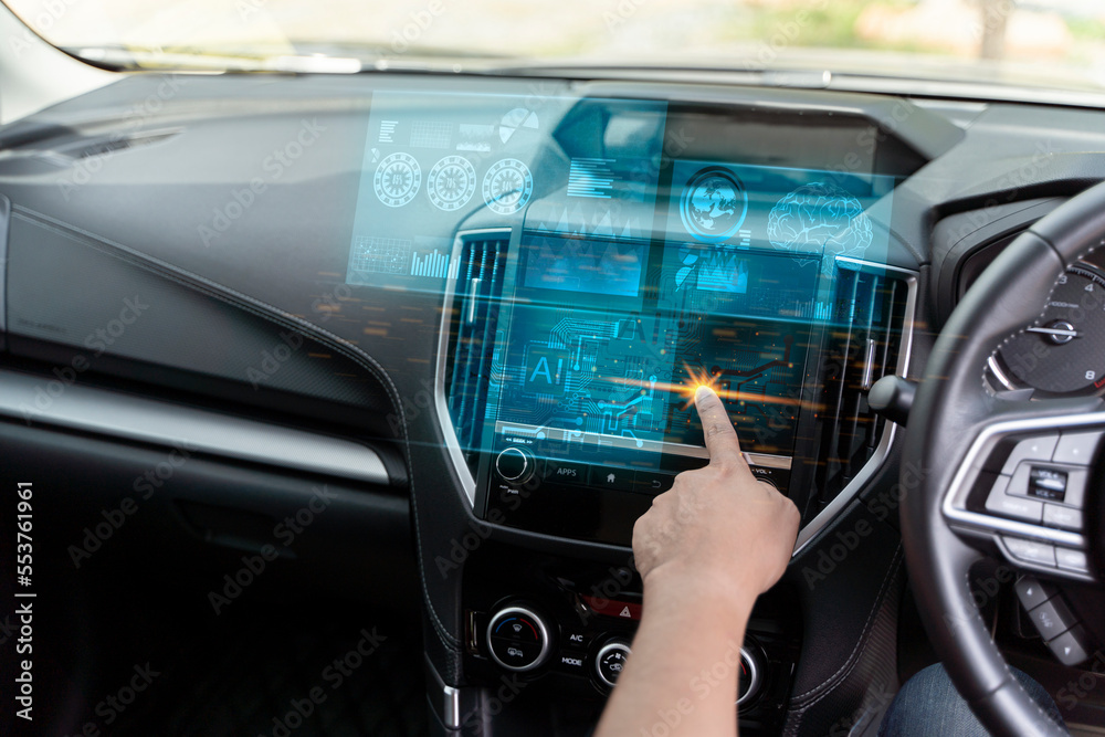 Driverless car interior with futuristic dashboard for autonomous control system.