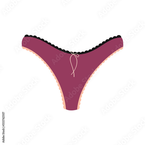 Purple women panties cartoon illustration. Cartoon drawing of female cotton or silk underwear, thong or tanga, slip isolated on white background. Lingerie, femininity, glamour concept