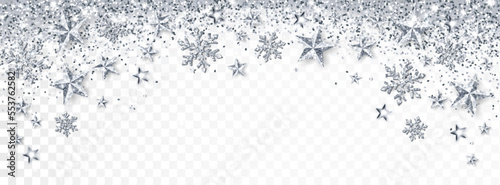 Holiday sparkling silver decoration. Falling glitter dust, stars and snowflakes. Christmas border.