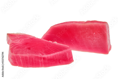 Two fresh raw tuna slices isolated on white background
