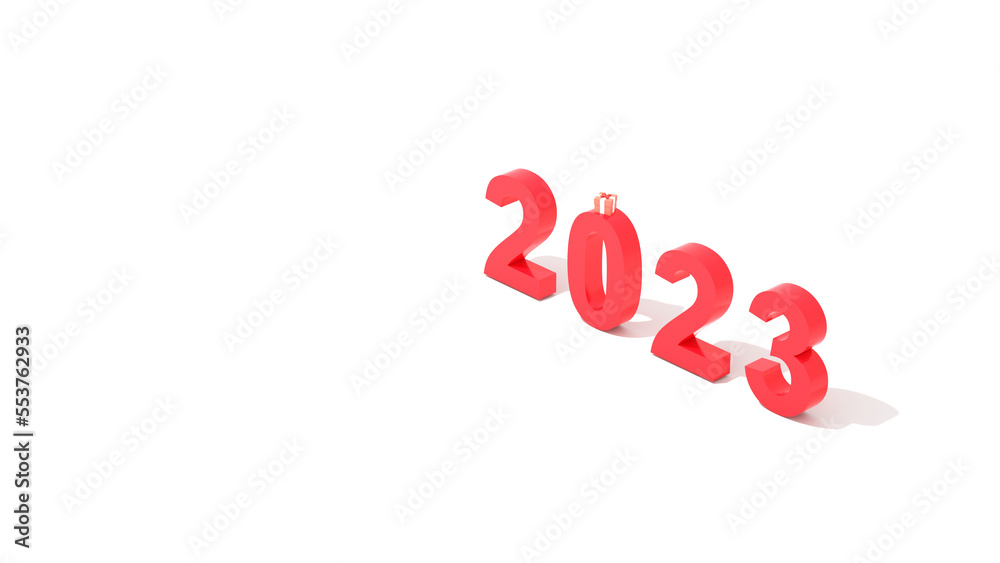 3D Rendering. Happy new year 2023. 3D red number with white background for adding the text.