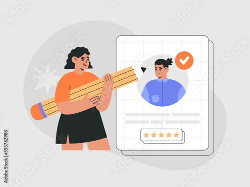 Recruitment agency, headhunting, hiring employment process, choosing candidate, CV and resume analysis. Hand drawn colored vector illustration isolated on background, modern flat cartoon style