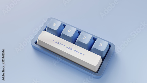 3D Rendering. Happy new year on the cute keyboard with blue tone.