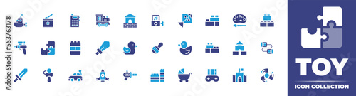 Toy icon collection. Bold icon. Duotone color. Vector illustration. Containing boat, drum, mobile phone, train, blocks, music box, kite, paint, blocks, gun, puzzle, sword, rubber duck, rattle, and more.