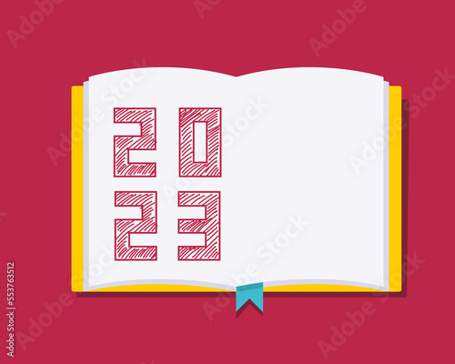 New year resolution 2023 concept.  Book with number 2023 and white blank page for list your goals in next year.