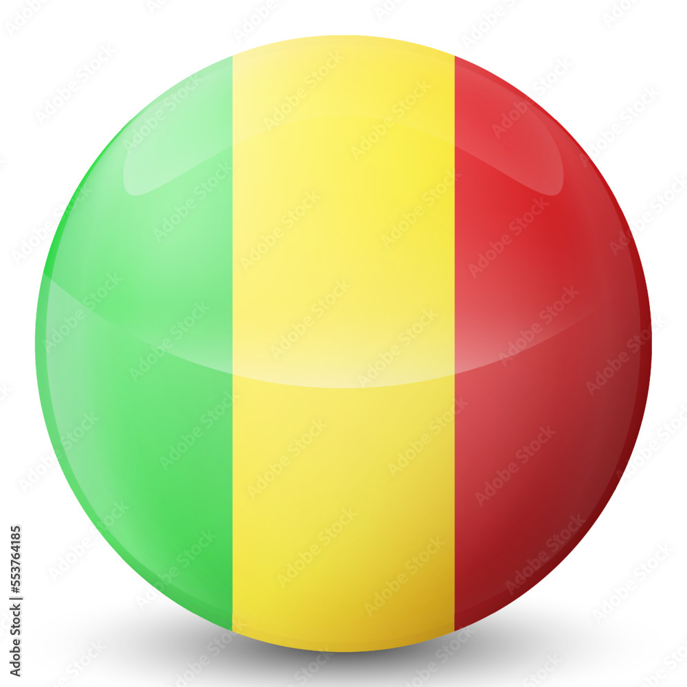 Glass light ball with flag of Mali. Round sphere, template icon. National symbol. Glossy realistic ball, 3D abstract vector illustration highlighted on a white background. Big bubble. Glass light ball with flag of Mali. Round sphere, template icon. National symbol. Glossy realistic ball, 3D abstract vector illustration highlighted on a white background. Big bubble.