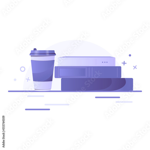 Paper coffee cup with books. Takeaway coffee, coffee to go, coffee shop, good morning and education concept	