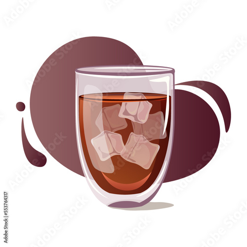 Ice tea. Glass cup with double bottom with cold black tea on dark gradient background. Tea party, cafe, healthy food,  refreshing drink, cold drink concept