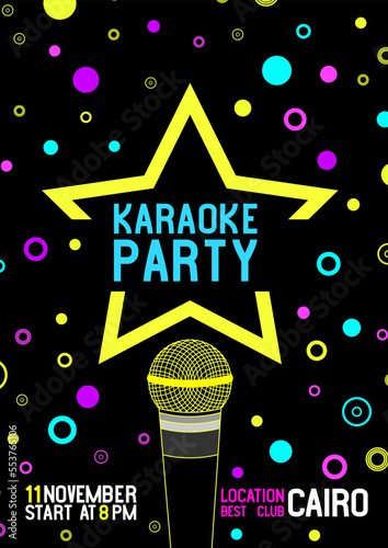 Microphone, disco star, neon pattern, festival poster, media banner with the words Karaoke party. Vector illustration digital design.