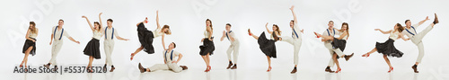 Collage. Young people, man and woman in stylish retro clothes dancing swing isolated over grey background