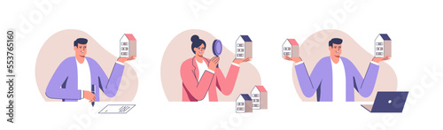 Concept of business in real estate, mortgage, rent. People rent, sale and buy property. Vector illustration.