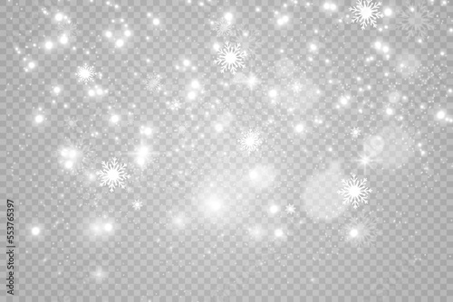  Snowfall. A lot of snow on a transparent background. Christmas winter background. Snowflakes falling from the sky.