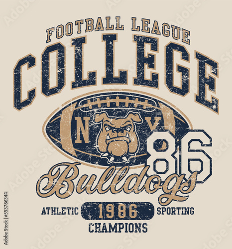 Cute american football college league bulldogs champs vector print for kid t shirt sport wear grunge effect in separate layer
