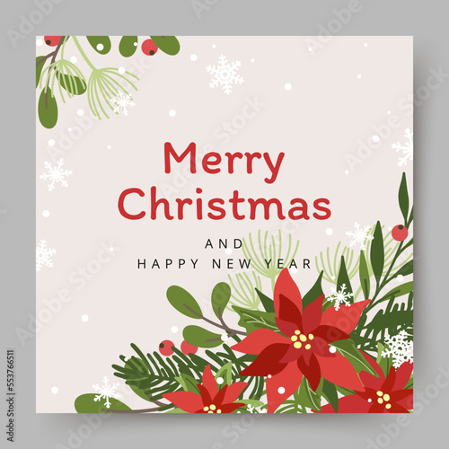 Merry Christmas greeting card.  Hand drawn holiday background with christmas tree branches, red berries and snowflakes.  Winter vector illustration in flat style for cover, banner, social media post