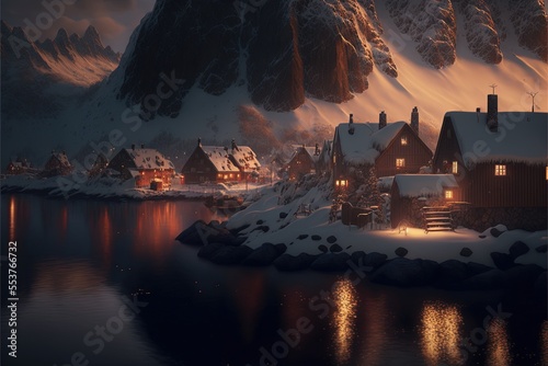 Christmas in Norway with Lofoten Archipelago behind in Winter Night with Houses and Nature Reflecting in a Lake