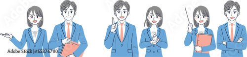 ビジネススーツの男女　表情ポーズの上半身イラストセット（案内　説明　解説）