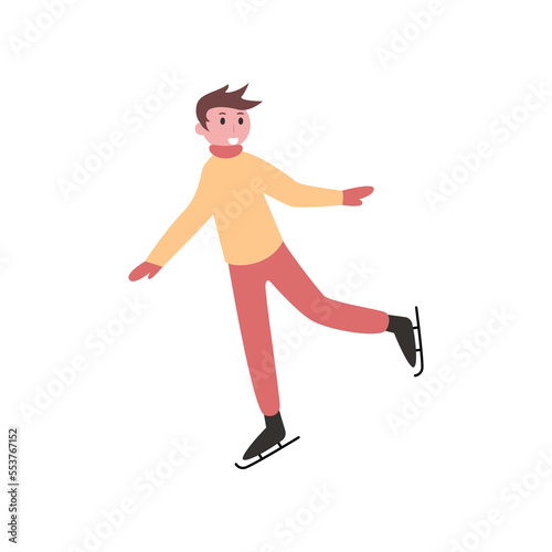 Boy with brown hair skating vector illustration. Happy kid in colorful sports suit doing physical activity flat vector illustration on white background. Winter sports concept