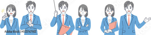ビジネススーツの男女　表情ポーズの上半身イラストセット（説明　解説　案内）