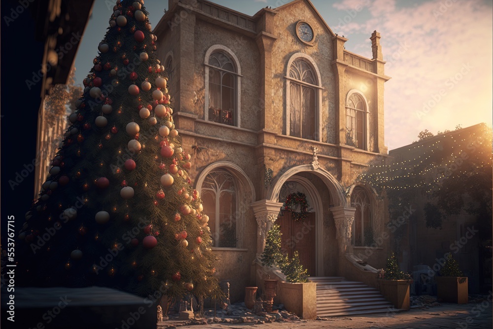Christmas in Bethlehem, Christmas Lights, Winter Holidays with Beautiful Architecture and Christmas Tree in Day Time at Golden Hour, Shining Lights, Holiday Decorations Generative AI, Fictional Town