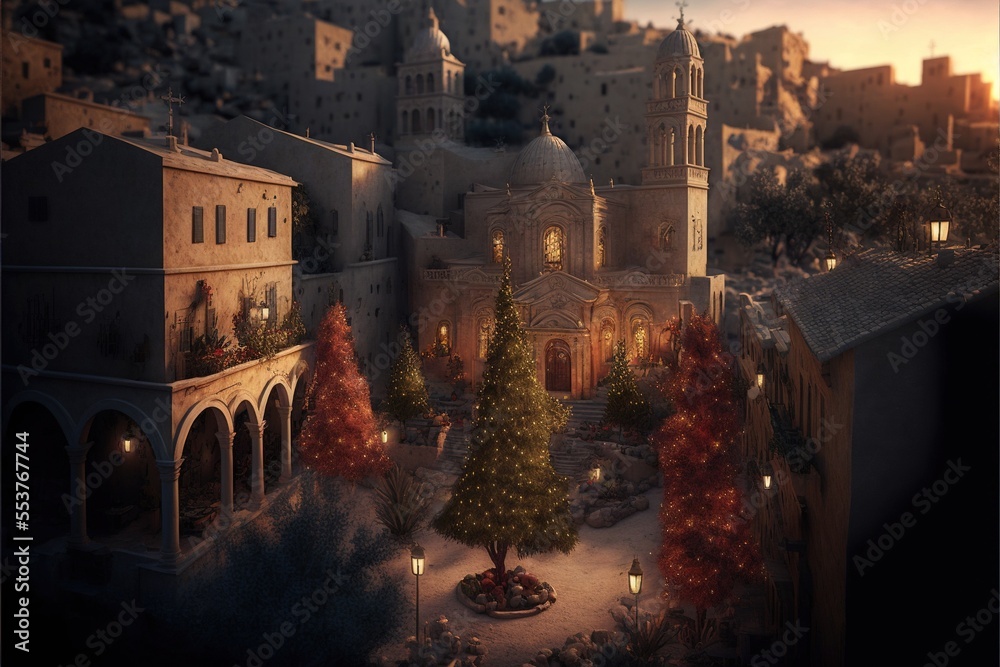 Christmas in Bethlehem, Christmas Lights, Winter Holidays with Beautiful Architecture and Christmas Tree in Day Time at Golden Hour, Shining Lights, Holiday Decorations Generative AI, Fictional Town