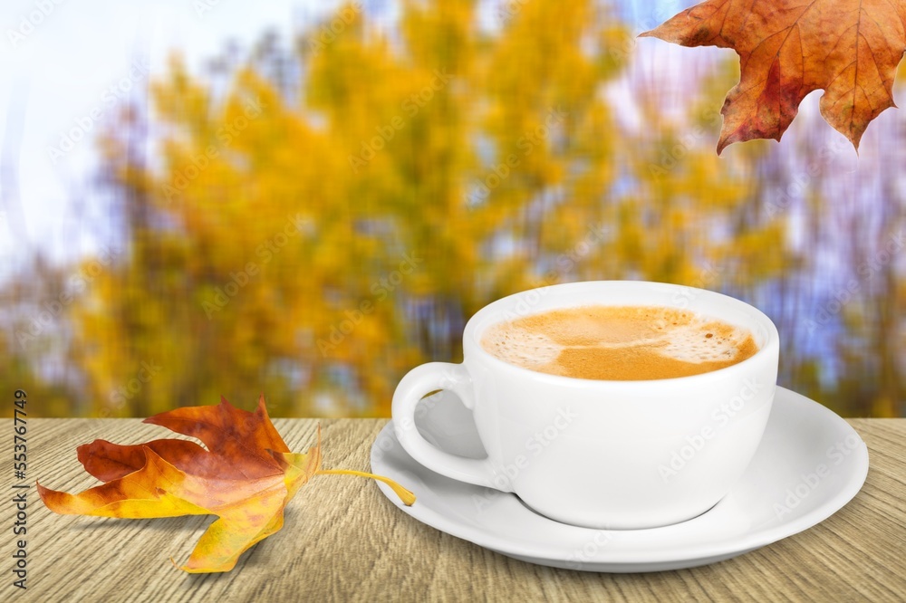 Ceramic cup of hot drink on autumn background Ceramic cup of hot drink on autumn background