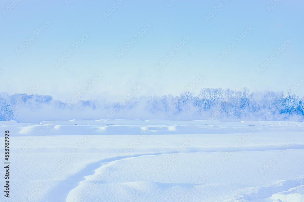 Landscape of sky and trees, snow and streets. Winter, snow-covered path to the park.