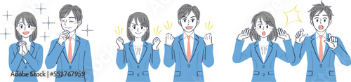 ビジネススーツの男女　表情ポーズの上半身イラストセット（憧れ　ガッツポーズ　驚き）