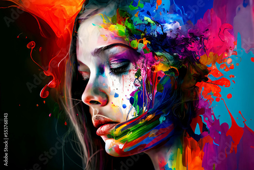 Abstract image of a woman with her colourful mind s energy imagined as paint on her face.  Generative AI  this image is not based on any original image  character or person.