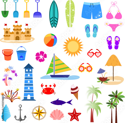 Isolated beach vector illustration of beach, sand, swimwear, palms, and water animals