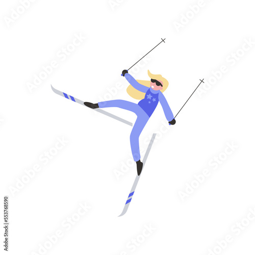 Girl with blonde hair skiing vector illustration. Happy kid in colorful sports suit doing physical activity flat vector illustration on white background. Winter sports concept