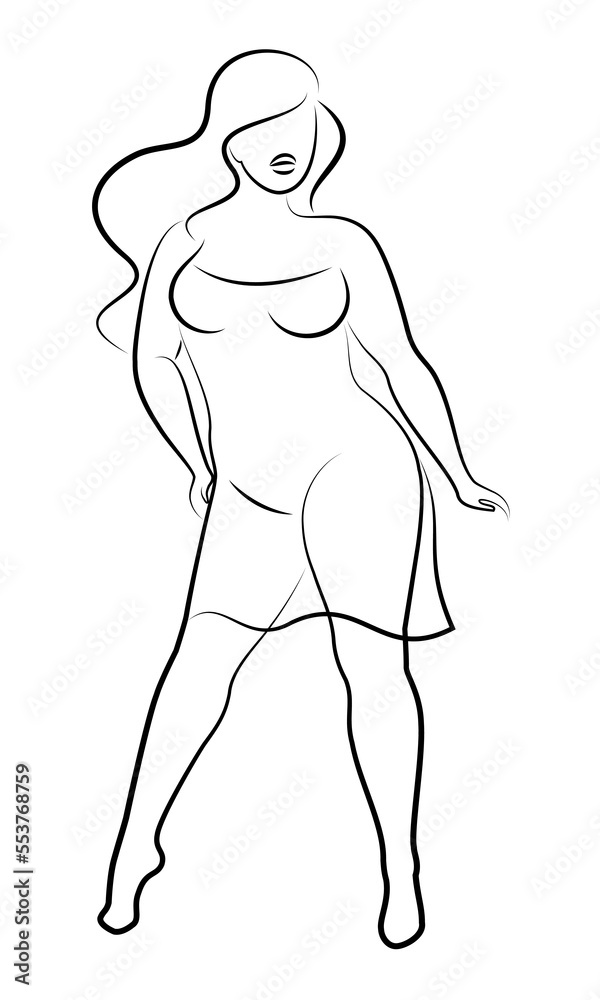 Beautiful woman figure silhouette in modern single line continuous style. The girl is overweight. The lady is standing. Vector illustrations. Beautiful woman figure silhouette in modern single line continuous style. The girl is overweight. The lady is standing. Vector illustrations.