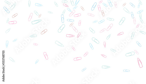Paper clips are scattered on a white background. Decorative element. Background for design, school and office supplies