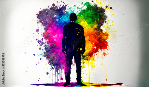 Silhouette of a person with rainbow explosion of colour behind them. Generative AI  this image is not based on any original image  character or person.