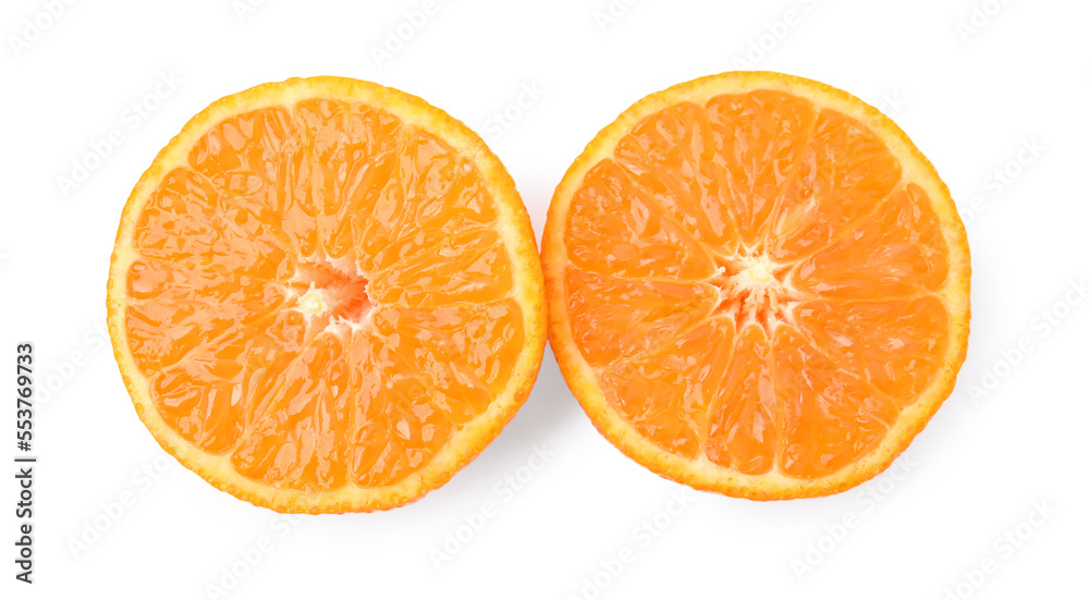 Cut fresh juicy tangerine isolated on white, top view Cut fresh juicy tangerine isolated on white, top view