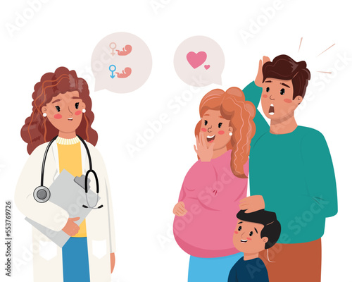 Family with a boy awaiting twins. Family by doctor getting know the gender of the baby.