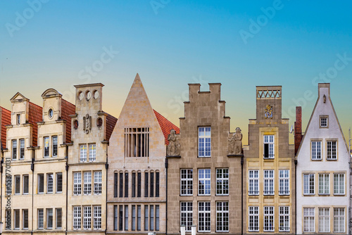 scenic view to facade of old historic houses in panoramic view at the Prinzipal markt engl: square of the prince in Muenster.