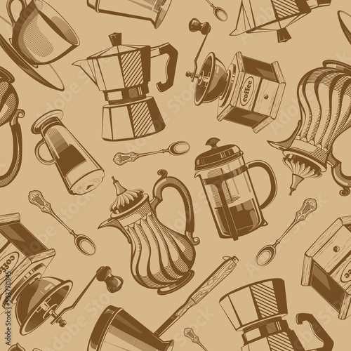 Hand drawn vintage brown coffee theme illustrations seamless pattern on beige background. RGB EPS 10 vector illustration