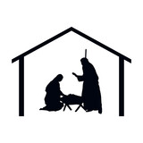 Christmas nativity scene. Jesus with his parents. Vector graphics
