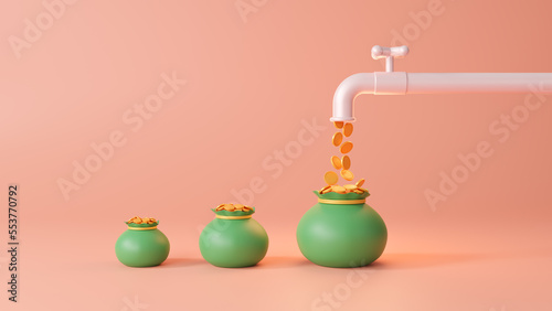 Passive Income streams, growth up, dividends, property rental or investment profit. return on investment. Income for building wealth, money coins flow out from pipe into money bag. 3D rendering photo