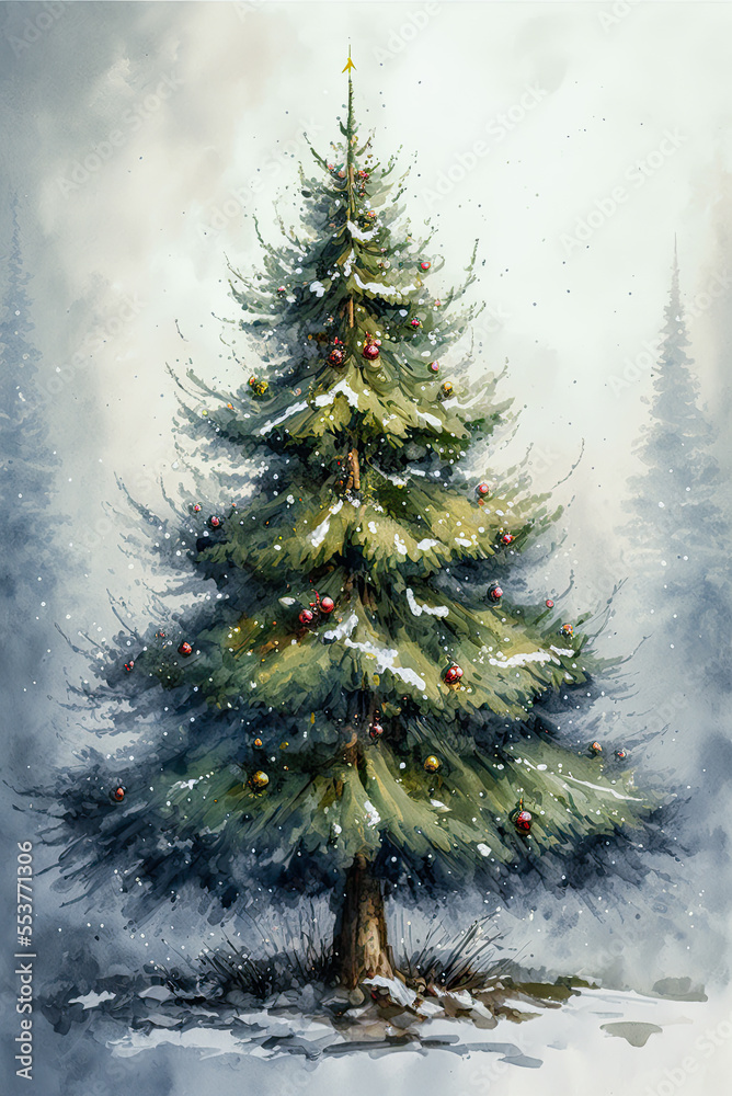 Watercolor painting of a Christmas tree, woods, winter, snow. Generative AI