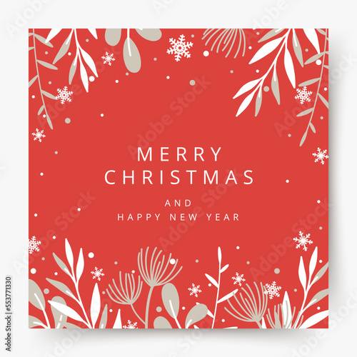 Merry Christmas greeting card.  Hand drawn holiday background with christmas tree branches, red berries and snowflakes.  Winter vector illustration in flat style for cover, banner, social media post