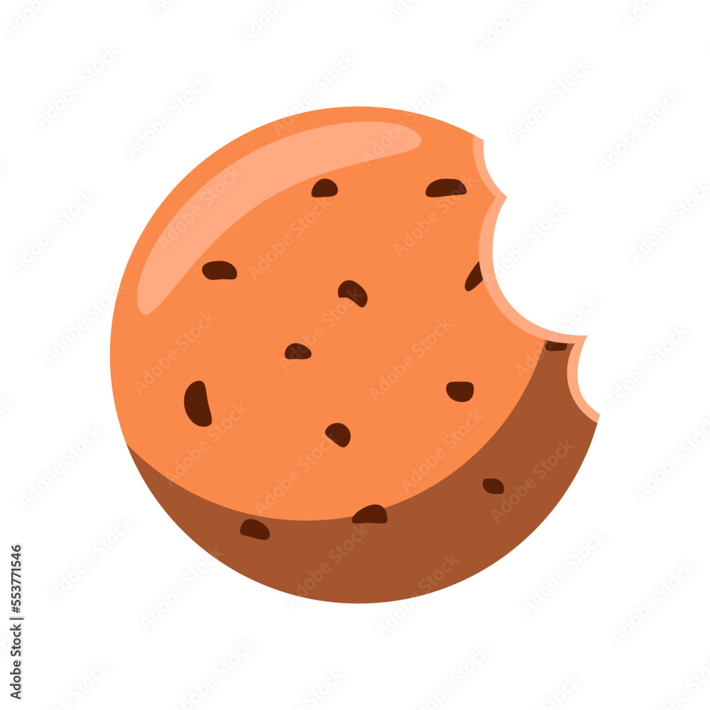 Bitten chocolate cookie cartoon illustration. Tasty fall and Halloween dessert isolated on white background. Food, beverage concept. Bitten chocolate cookie cartoon illustration. Tasty fall and Halloween dessert isolated on white background. Food, beverage concept.
