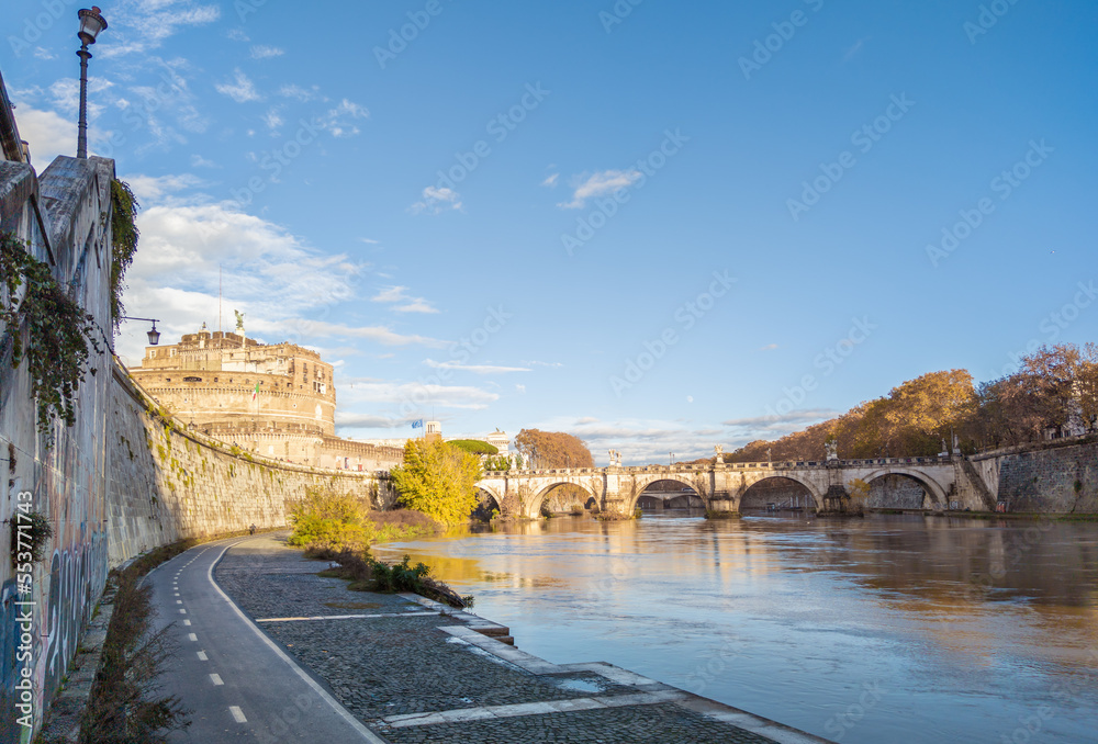 Rome (Italy) - The Tiber river and the monumental Lungotevere street in the metropolitan capital of Italy. Here in particular the Castel Sant'Angelo old fortress.