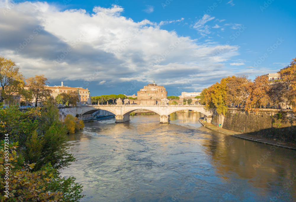 Rome (Italy) - The Tiber river and the monumental Lungotevere street in the metropolitan capital of Italy. Here in particular the Castel Sant'Angelo old fortress.