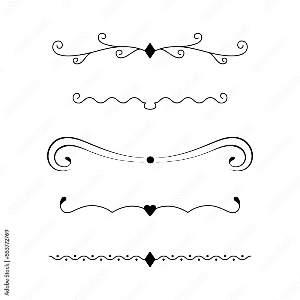 Set of decorative dividers, borders, lines. Vector elements for text decor