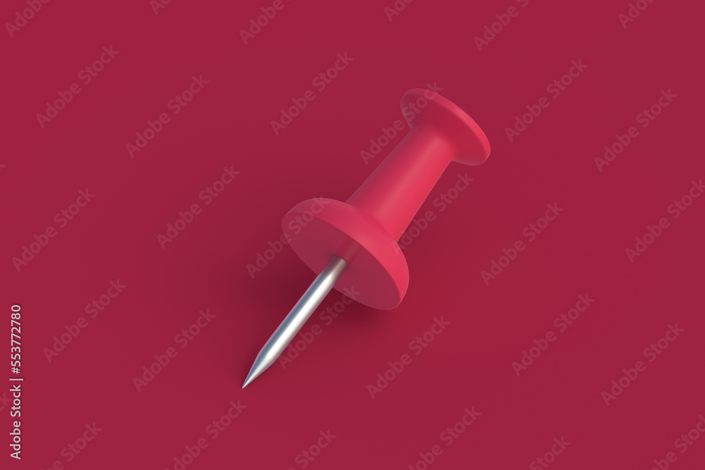 Push pin of magenta on red background. Color of the year 2023. 3d render Push pin of magenta on red background. Color of the year 2023. 3d render