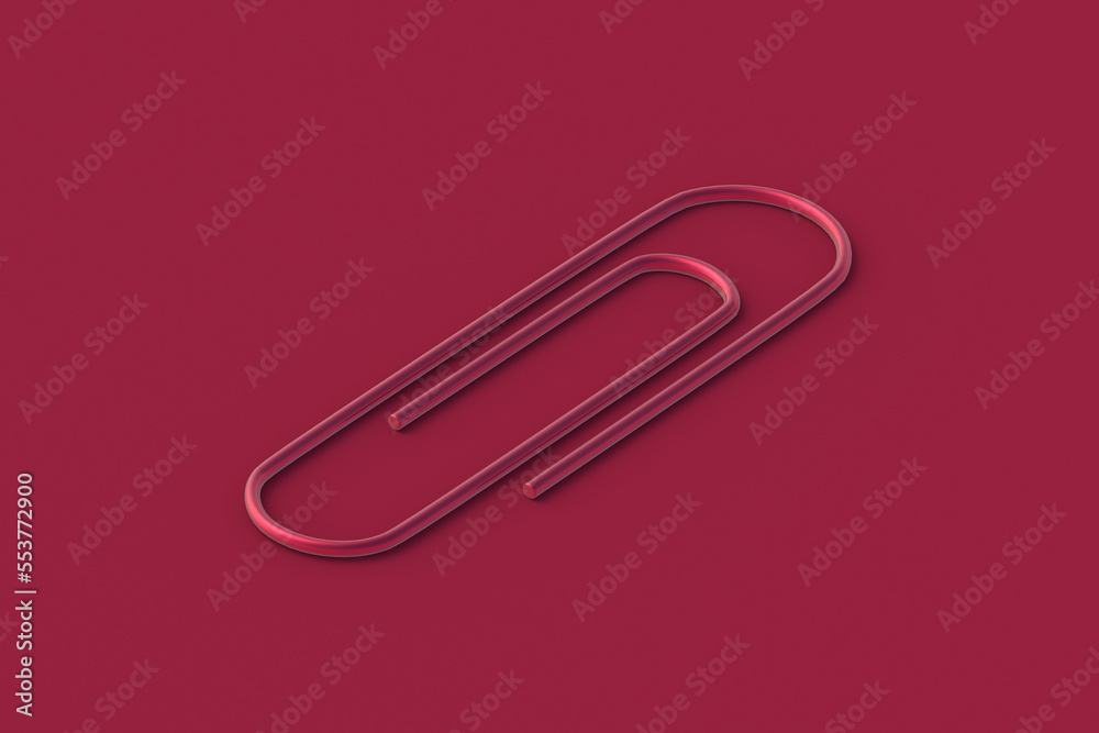 Paper clips of magenta on red background. Color of the year 2023. 3d render Paper clips of magenta on red background. Color of the year 2023. 3d render