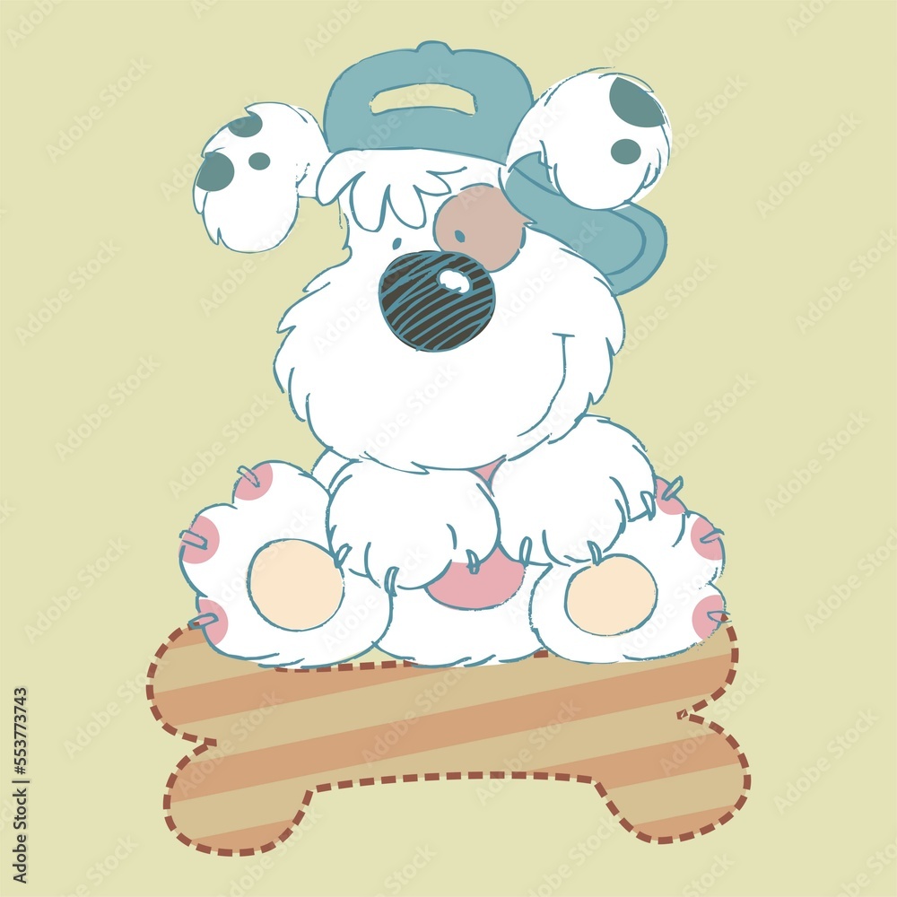 Puppy wearing a cap sitting on a giant bone, print for children's clothing, illustration, creation, graphic design for baby fashion Puppy wearing a cap sitting on a giant bone, print for children's clothing, illustration, creation, graphic design for baby fashion