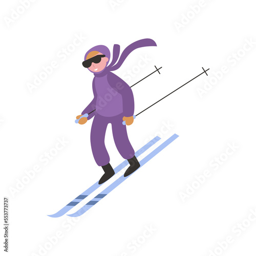 Boy in purple suit skiing vector illustration. Happy kid in colorful sports suit doing physical activity flat vector illustration on white background. Winter sports concept